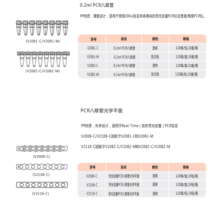 与PCR仪匹配八联管0.2ml透明荧光定量pcr管透明V2081-C适配V2008-C